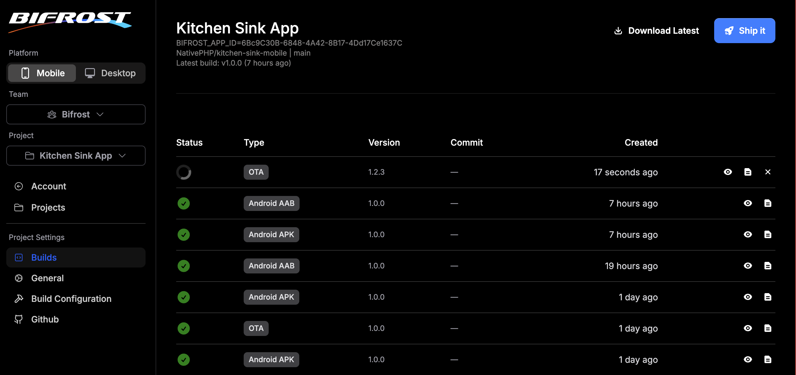 BIFROST build management dashboard showing Kitchen Sink App builds