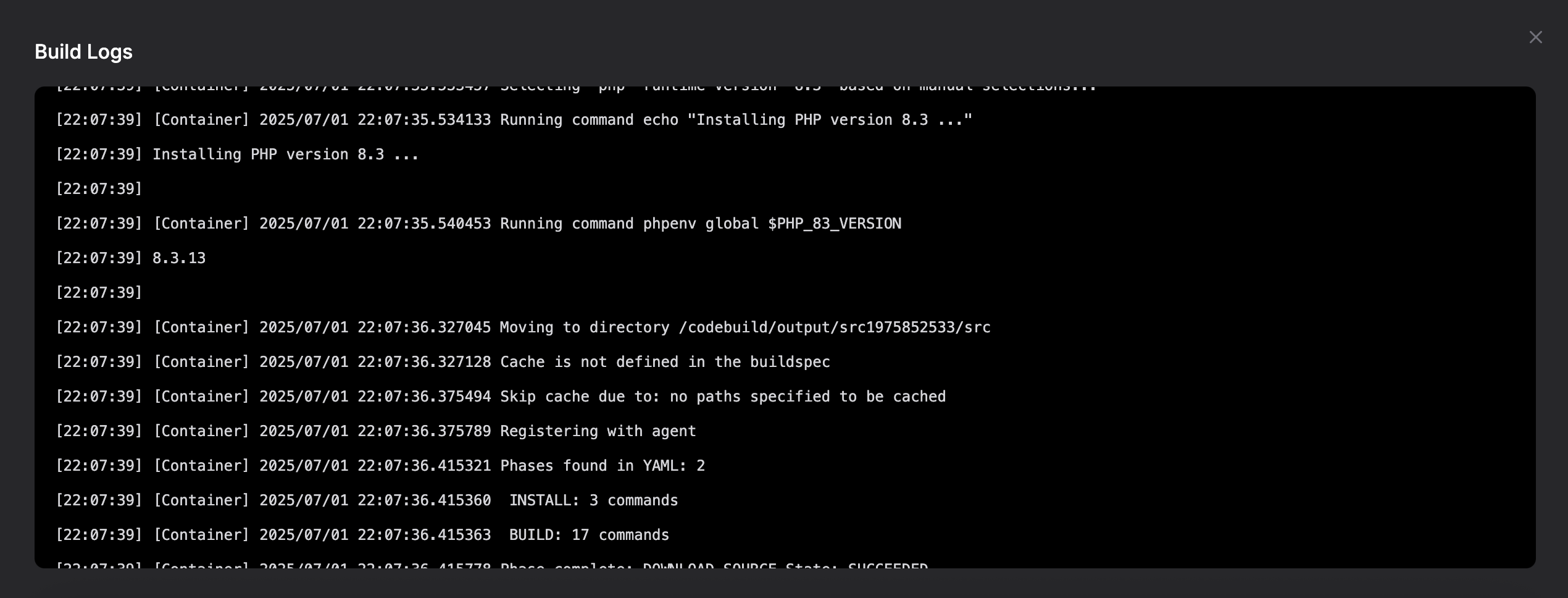Real-time build logs showing PHP installation and build progress