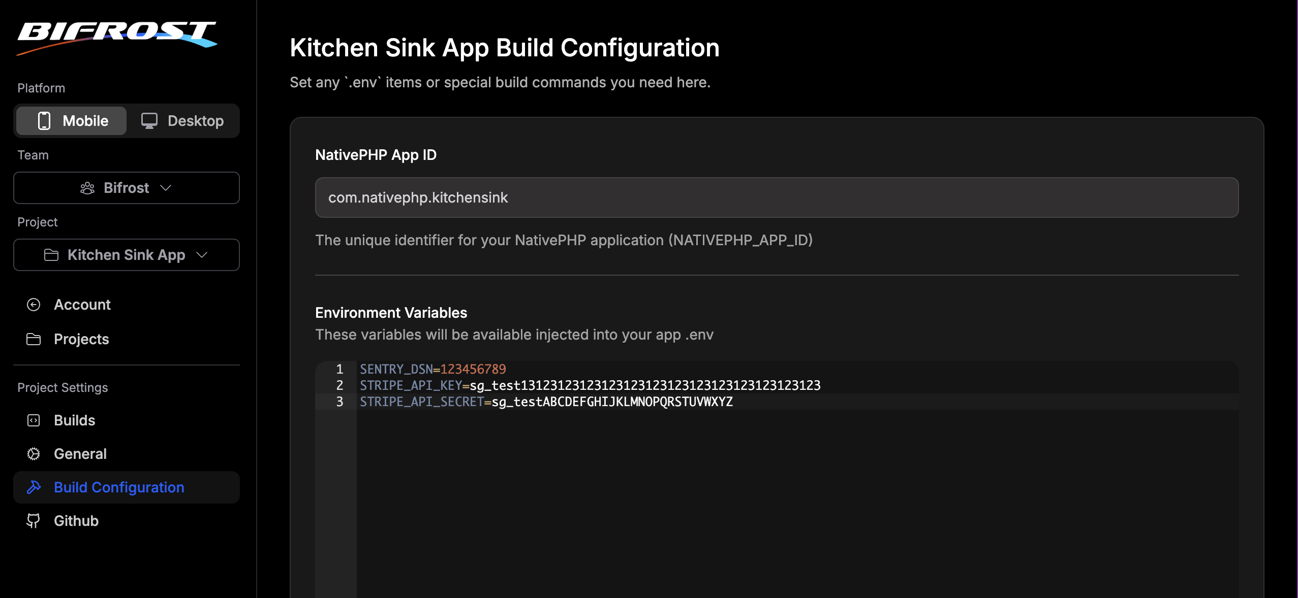 Build configuration interface showing environment variables and NativePHP settings
