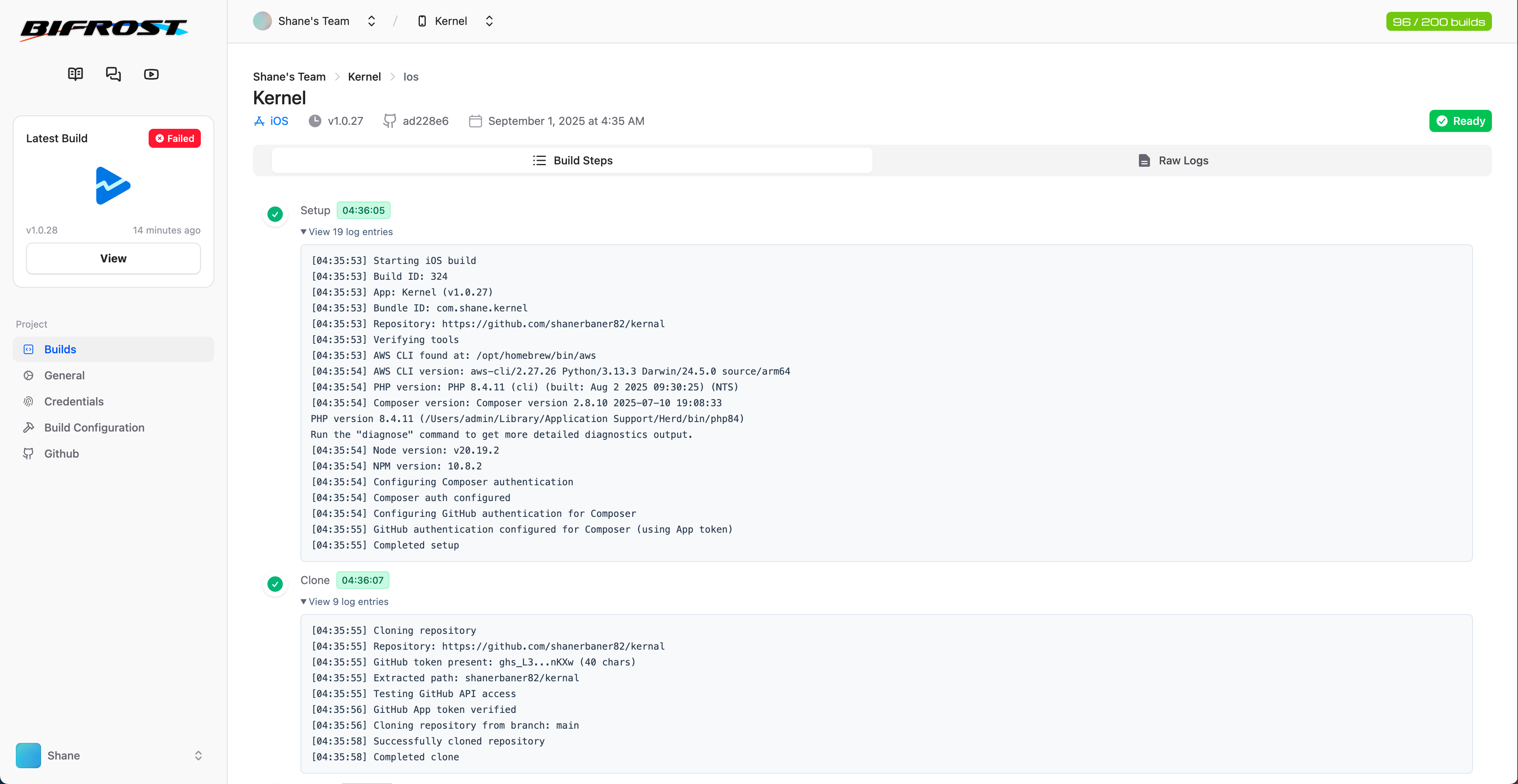 Real-time build logs showing PHP installation and build progress